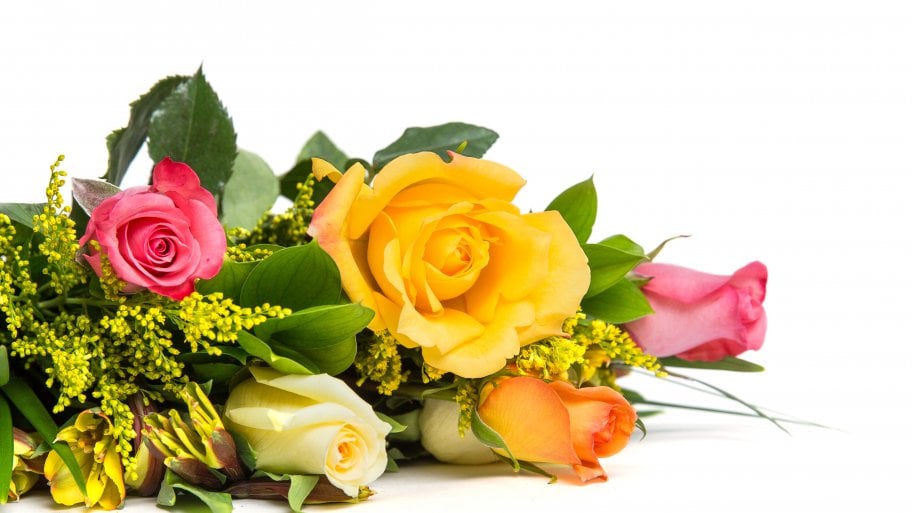 A flower bouquet rests.